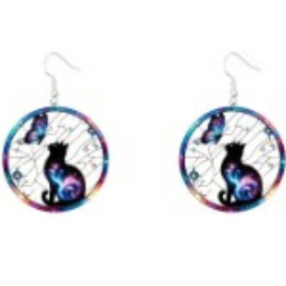 Cat And a Butterfly Acrylic Earrings Stainless Steel Ear Needle 1.18 inch round - Picture 7 of 10